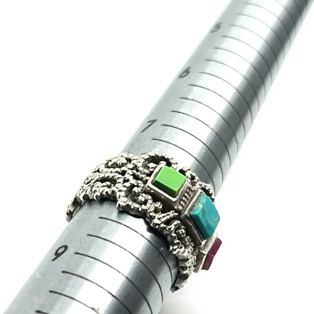 STERLING SILVER RING Multi Stone Inlay Wide Band Statement Boho Sz 8